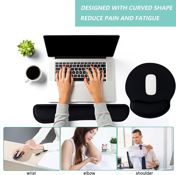 Keyboard Wrist Rest Pad Mouse Pad with Wrist Support Set of 3, Mousepad with Non-Slip Rubber Base, Ergonomic Memory Foam Mouse Wrist Cushion Support for Home Office Laptop Computer Gaming, Black