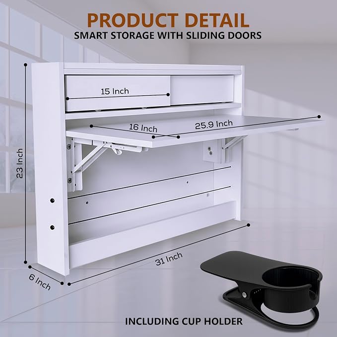 Wall Mounted Desk 31 inches, Folding Table with Shelves, Space Saving Computer Table, Floating Table for Wall, Multi-Purpose Folding Desk Perfect for Workstations, Dining, or Laundry Area.