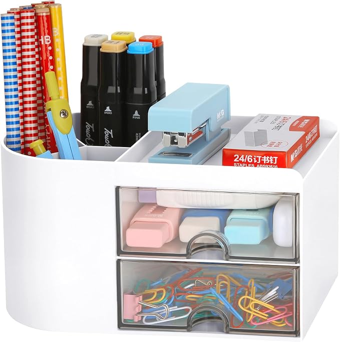LETURE Desk Organizer Office Supplies Caddy with Pencil Holder and Drawer for Desktop Accessories, Business Card/Pen/Pencil/Mobile Phone/Stationery Holder Storage Box (White)