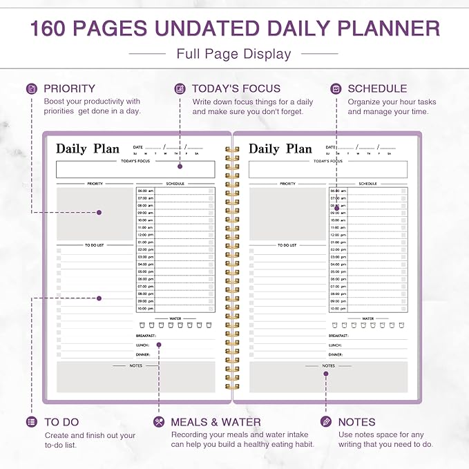 Daily Planner Undated, To-Do List Notebook with Hourly Schedule, Spiral Appointment Organizer Calendar for Man / Women, Flexible Cover, Twin-Wire Binding Elastic Closure, Pocket Pen Loop, 160 Pages