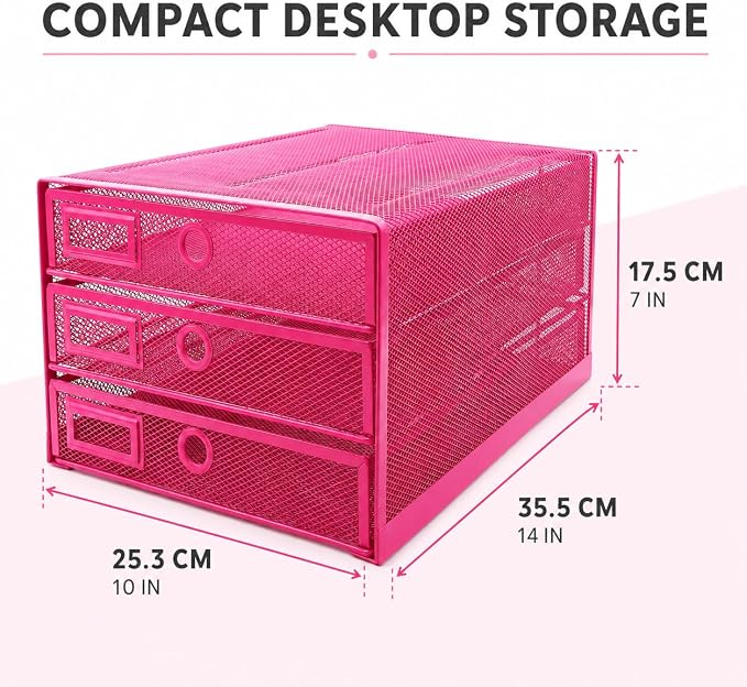 Exerz Paper Sorter 3 Drawer Wire Mesh A4 / Desk Multifunctional Desk Organiser/Multi-Layer Letter Tray - for Documents, Magazines, Notebooks and Letter (Pink)