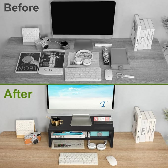 TEAMIX 2 Tiers Wooden Desktop Monitor Stand Riser 20 Inch Printer Stand with Double Storage Small TV Riser Laptop Keyboard Holder Business Desk Organizer Shelf Black Bookshelf | Laptop/PC/Printer Stand, Wood Desk Bookshelf, Ergonomic Design, Holds 80 L...