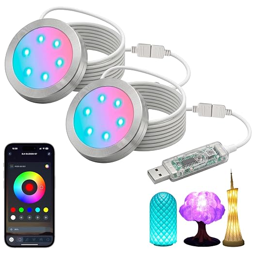 2 Pack Smart LED Lamp Kit 001 for Bambu Lab 3D Printing,APP Control RGB Puck Light,DIY Hardware for MakerWorld Models, Timer & Group Control,MH001 USB 5V Small Round Lamp Kit for 3D Printed Light