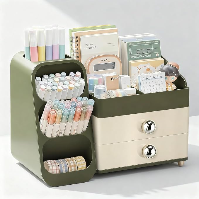 Desk Organizer with Pen Pencil Holder, Pen Organizer with 2 Drawers & 4 Compartments, Desktop Organizers and Storage for Office Home School Art Supplies (Green)