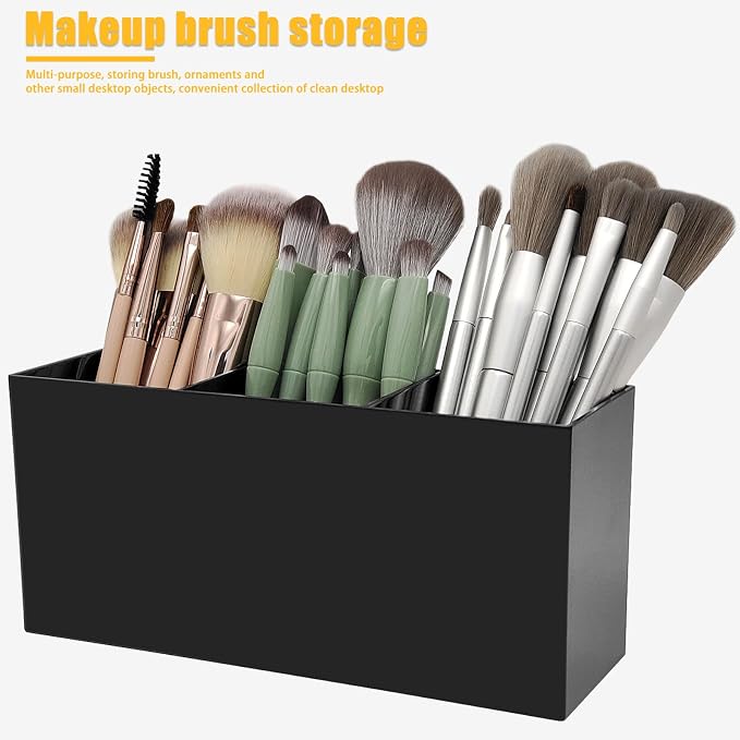 Cerpourt Black Makeup Brush Organizer,Acrylic Cosmetic Brushes Storage Holder with 3 Slots,Pencil Pen Holder for Desk,Desk Organizer and Accessories for Vanity