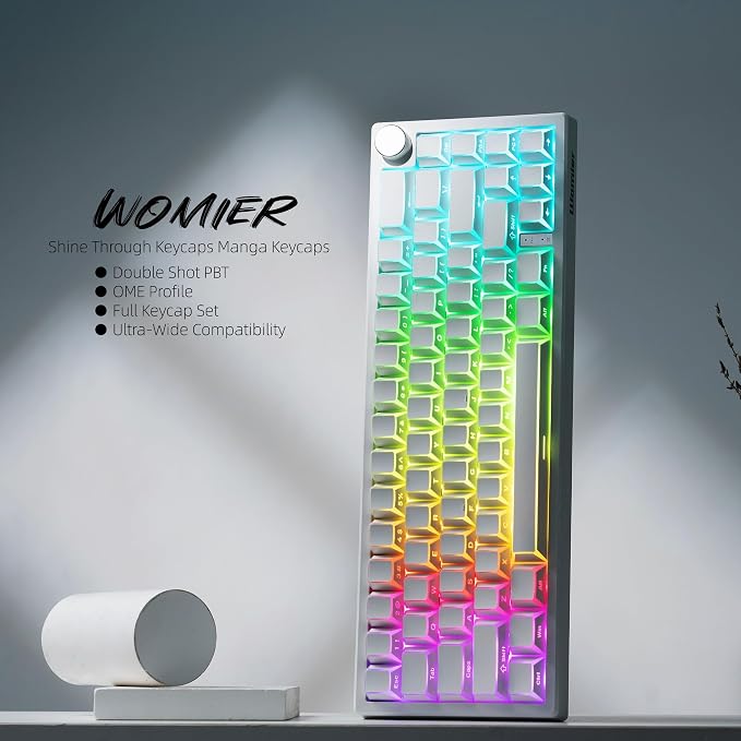 Womier PBT Shine Through Keycaps Manga White, OEM Profile Side Printed Custom Key caps 60 65 75 100 Percent Keyboard Keycap Set Suitable for MX Switches Mechanical Keyboard