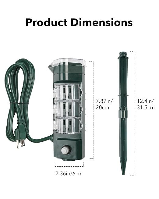 HBN Outdoor Power Strip Timer with Photocell, Countdown Yard Stake(2, 4, 6, 8 Hour),Outside Lights Timer Dusk to Dawn,Weatherproof Extension Cord for Halloween/Christmas Decoration Lights, 6 Outlets
