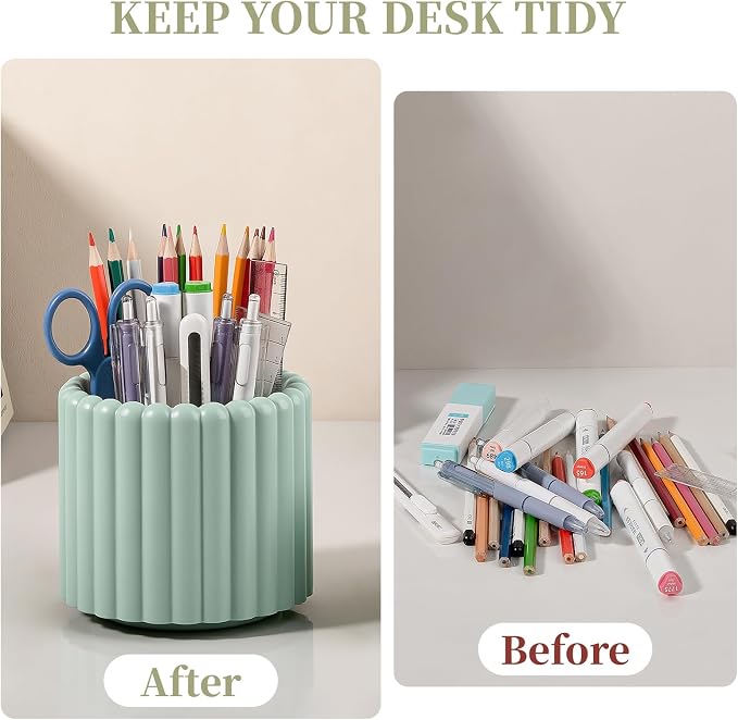 360° Rotating Pen Holder for Desk Removable Pencil Organizer, Green | 7 Slots Pen Cup Cute Office Supplies and Accessories Plastic Desktop Storage Box Art Caddy for School, Work, Home