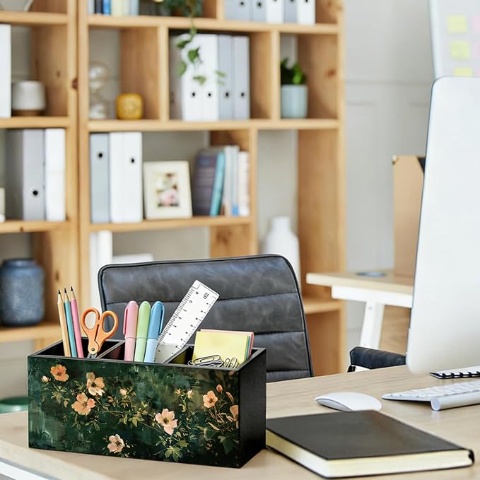 Dark Green Floral Pen Pencil Holder for Desk, Moody Cottagecore Botanical Flower Wooden Box Sign Organizer for Home Room Office Bedroom Desk Accessories Tabletop Decorations