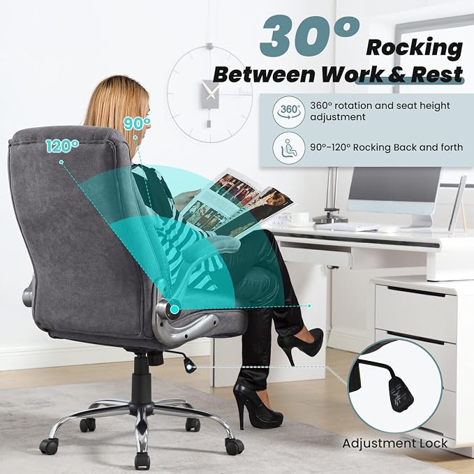 Big and Tall Office Chair 550lbs Heavy Duty Executive Fabric Office Chair with Adjustable Height, Flip-Up Armrests, Wide and Thick Seat Cushion, Comfy Chair for Heavy People, Ideal for Office Work