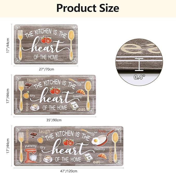 Yamaziot Anti Fatigue Kitchen Rug Set of 3, Non-Slip Cushioned Floor Mats | Waterproof, Stain Resistant, Farmhouse Cushioned Comfort Standing Desk Mat with Runner for Kitchen, Office, Sink, Laundry