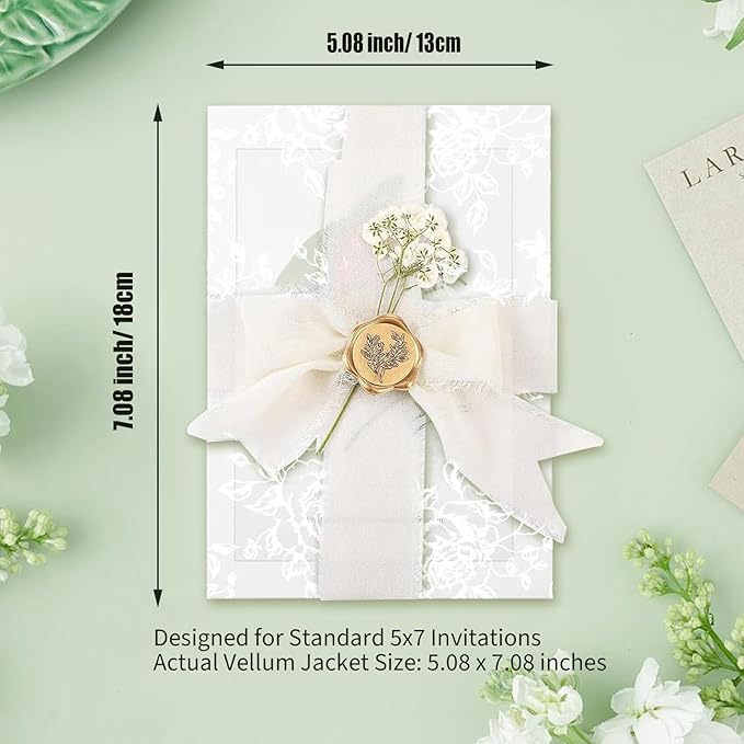 Wedding Invitation Accessories Kit, Pre-Folded Vellum Jackets for 5×7 Invitations with Wax Seal Stickers, Ribbon & Dried Flowers, Elegant Wedding Invitation Accessories for DIY Bridal Invites (White-Rose, 50)