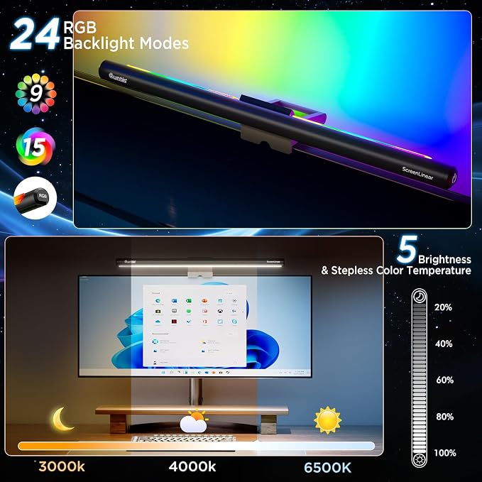 Quntis Monitor Light Bar 15.7", 24 RGB Backlight Modes for lmmersive Gaming Ambience, 900 Lux Glare-Free Computer Screen Lamp, High CRI 95 Eye Care Desk Light for Home Office