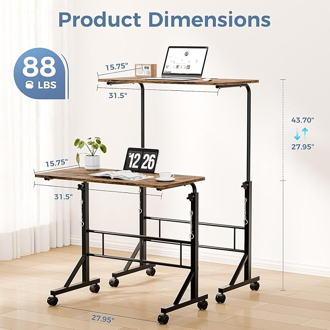Simple Deluxe 31.5" Adjustable Height Mobile Desk with Locking Wheels & Pin-Lock – Height-Adjustable Standing Desk– Heavy-Duty Portable Workstation for Small Spaces & Home Office – Brown