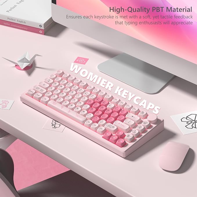 Womier Keyboard Keycaps - Pink Cute Keycap MOA Profile, PBT Dye-Sublimation Custom Key Caps Set 60% 65% 75% 100% Percent for Cherry MX, Kailh, Outemu, Gateron Mechanical Keyboards (Love Origami)