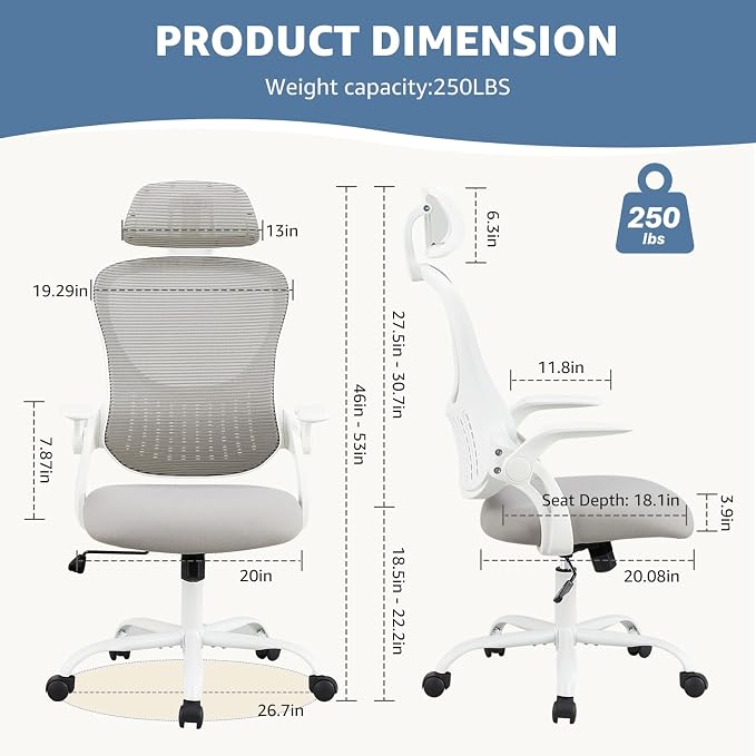 DUMOS Ergonomic Office Chair – High Back Mesh Computer Chair with Lumbar Support, Headrest, Flip-up Arms, and Swivel Wheels – Comfortable Gaming & Desk Chair for Home Bedroom Office,Grey