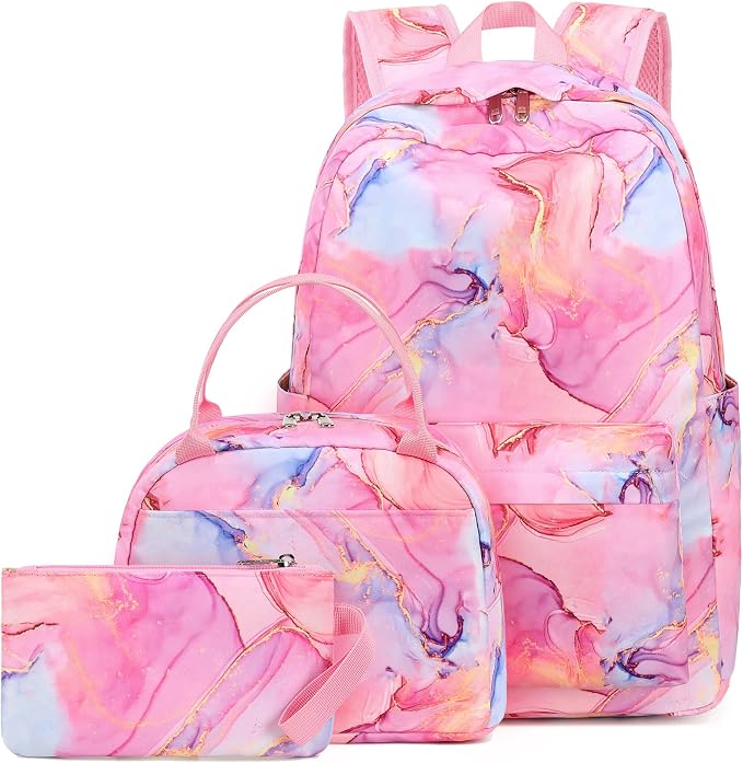 Bluboon Teen Girls School Backpack Kids Bookbag Set with Lunch Box Pencil Case Travel Laptop Backpack Casual Daypacks (Marble Pink-Blue)