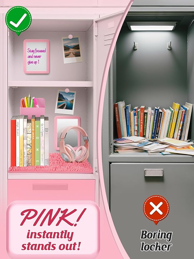 Locker Accessories Kit - 9 Pcs Light Pink Locker Organizer Stuff for Girls, Back to School Supplies Include Locker Rug Magnetic Whiteboard Mirror Dry Erase Marker Holder and More Decor Essentials