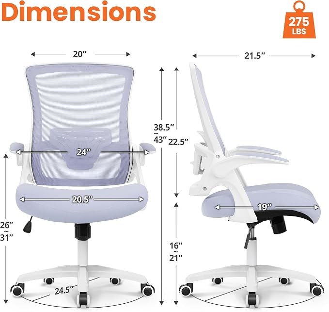NEO CHAIR Office Desk Gaming Chair Computer High Back Mesh Seat with Rolling Wheels Ergonomic Adjustable Comfy Flip-up Armrests Lumbar Support Height for Home (Purple)