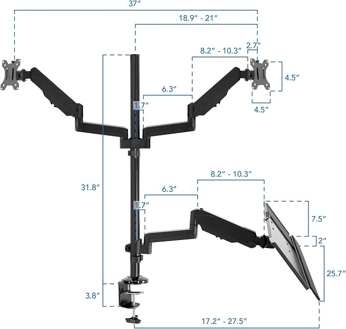 Mount-It! Dual Monitor Arm Desk Mount Sit-Stand Workstation with Keyboard Tray, Height Adjustable Gas Spring, Fits Two 17–32” Screens, 17.6 lbs Each, VESA 75x75 100x100, Clamp or Grommet (Black)