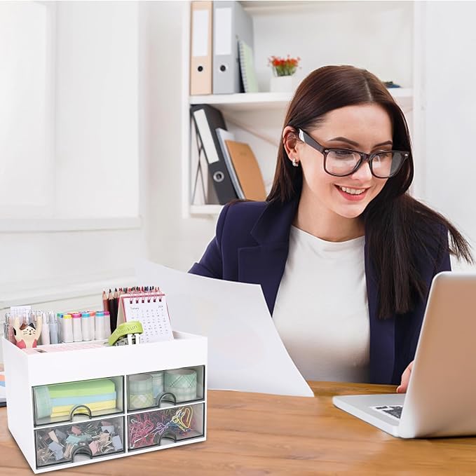 Meiikun Desk Organizer, Office Organizer with Drawer, Desk Accessories & Workspace Organizers, Pen Holder Office Supplies for Desk (4 Drawers+4 Compartments, White)