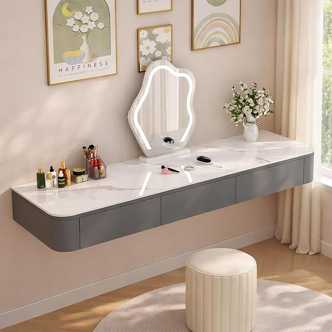 Floating Makeup Vanity Desk with Drawers Wall Mounted Makeup Table with Storage Fully Assembled Floating Vanity Desk Space Saving Modern Dressing Table for Bedroom Closet(Gray Marble,63")