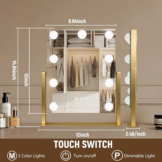 Moonee Vanity Mirror with Lights, Gold Hollywood Lighted Makeup Mirror with 9 Dimmable Bulbs and 10X Magnification 360°Rotation, 3 Colors Modes, Light Up Mirror for Tabletop（12" x 14"）