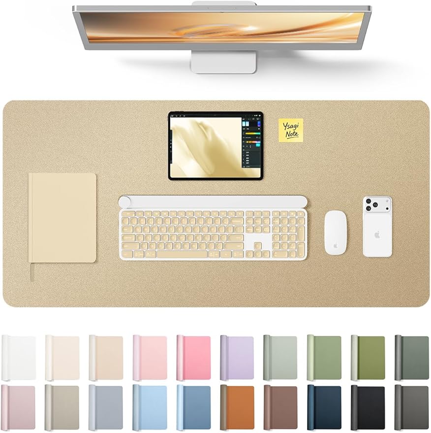 YSAGi Leather Desk Pad Protector, Office Desk Mat, Large Mouse Pad, Non-Slip PU Leather Desk Blotter, Laptop Desk Pad, Waterproof Desk Writing Pad for Office and Home (Gold, 35.4" x 17")