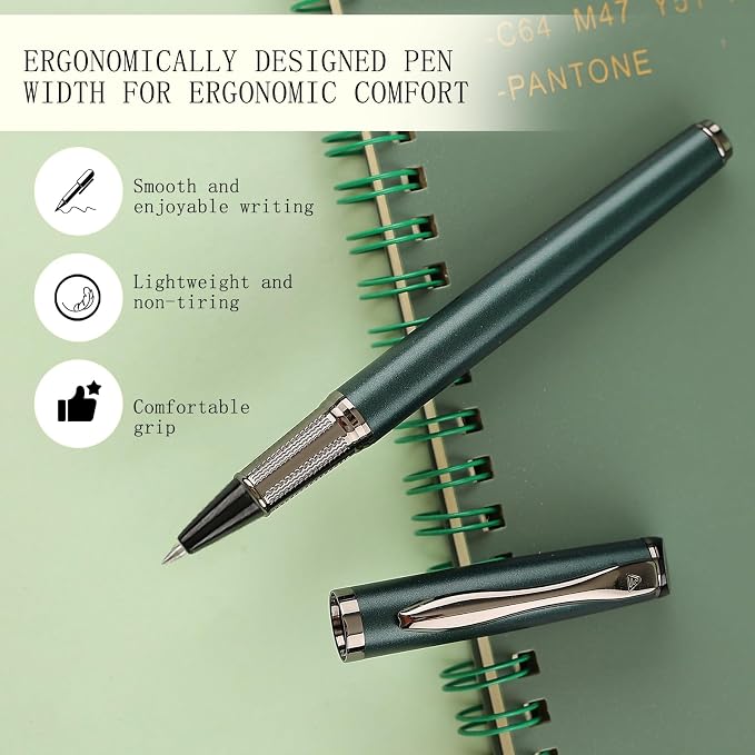 Liquid Ink Rollerball Pen,Luxury Nice pen Metal Smooth writing stylish design effortless writing,fancy pens with gift case for Men & Women with 2 Refills-Inky black