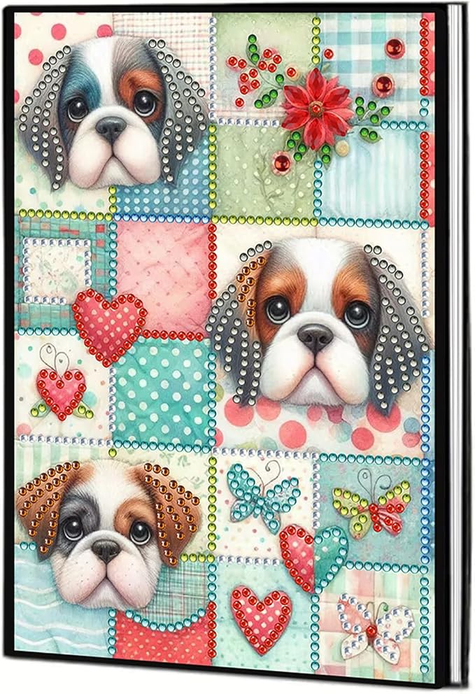 FRANDEK Diamond Art Painting Notebook Kit, Plaid Dog A5 DIY Journal with 50 Blank Pages, Crystal Rhinestone Cover with Waterproof Canvas, Beginner Craft Set with Full Tools for Adults