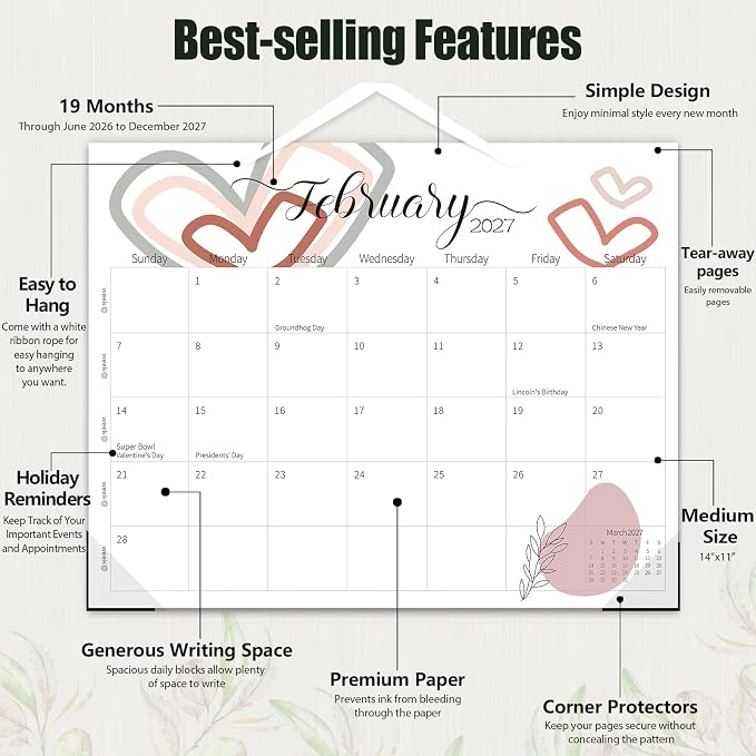 Guasslee 14" X 11" Desk Calendar 2026-2027, Desk Top Calendar 2026, 19-Month School Year Desk/Wall Calendar, 2026 Jun-2027 Dec, Monthly Planner With Corner Protcetor For Office Home School Organizing