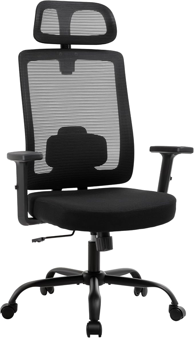 Office Chair with Mesh High Back, Ergonomic Office Desk Chair with Adjustable Lumbar Support, Rolling Work Chairs with Wheels and 3D Headrest, Black