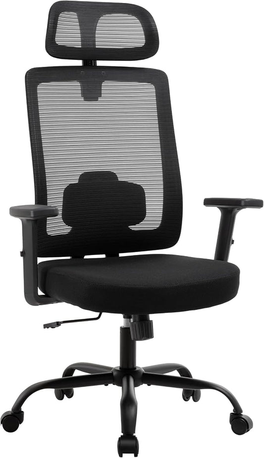 Office Chair with Mesh High Back, Ergonomic Office Desk Chair with Adjustable Lumbar Support, Rolling Work Chairs with Wheels and 3D Headrest, Black