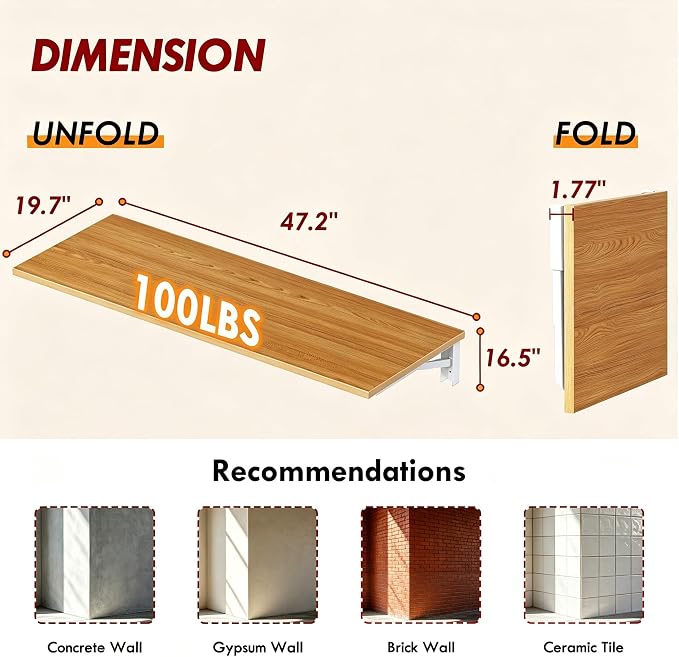 Need Fold Wall Mounted Workbench Folding Wall Table Length 47.2" Width 20" Perfect Addition to Garage & Shed/Home Office/Laundry Room/Home Bar/Kitchen & Dining Room
