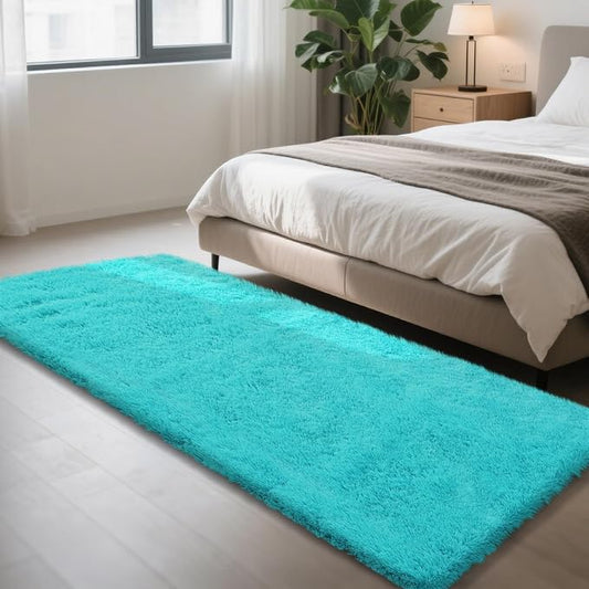 Teal Blue Rug Fluffy Rugs, 3x7 Teal Area Rugs for Bedroom, Soft Play Mat, Indoor Floor Carpet for Teen, Preppy Dorm, Plush Aesthetic Bedside Rug