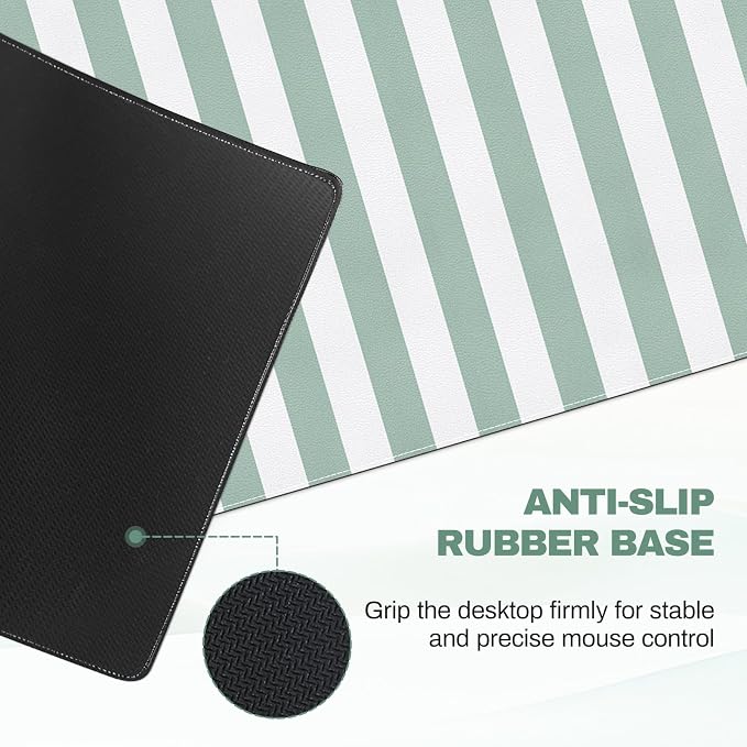 Striped Desk Mat Cute XXL Large Mouse Pad PU Leather Green Striped Desk Pad with Non-Slip Rubber Base, Home Office Decor Keyboard Pad Mouse Mat for Computer Laptop