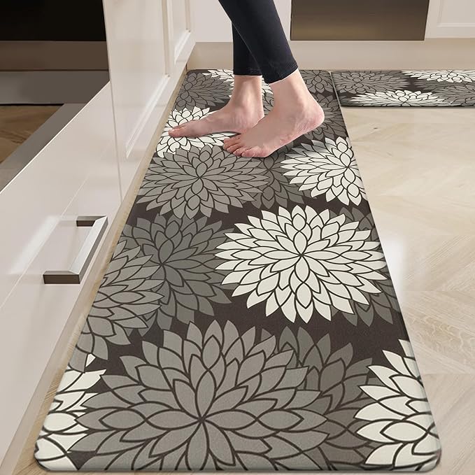 HEBE Anti Fatigue Kitchen Rugs Set of 2, Cushioned Kitchen Mats for Floor | Non Slip Washable Kitchen Runner Rug Set, Floral Stain Resistant Waterproof Comfort Mat Carpet for Sink, Standing Desk