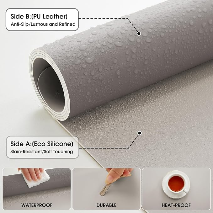 Leather Desk Pad Protector 31.5x15.7inch Vanity Mat Non-Slip Large Gaming Mouse Pad Waterproof Desk Writing Pad Desk Blotter Laptop and Keyboard Mat for Office and Home(Grey)