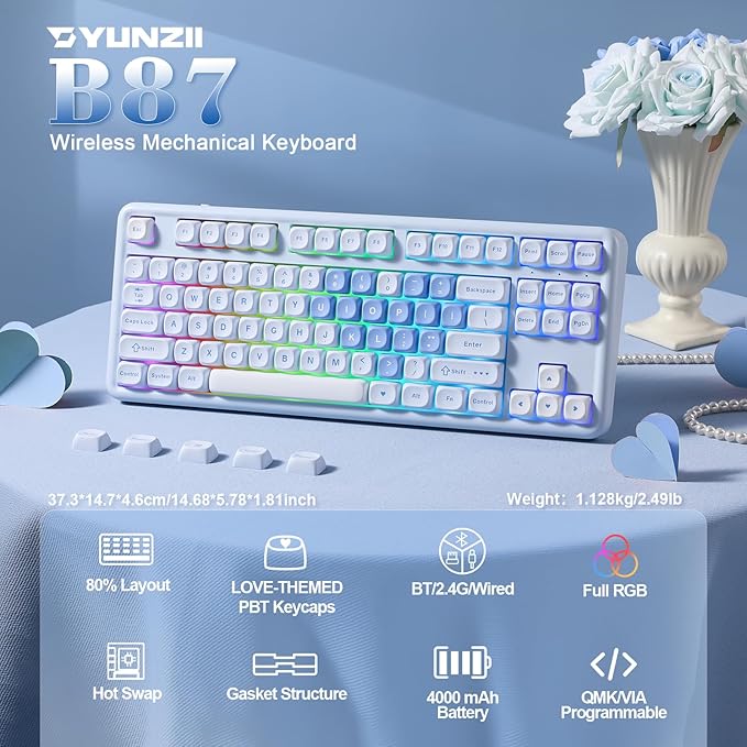 YUNZII B87 Wireless Mechanical Keyboard,QMK/VIA Programmable,TKL Layout 87 Keys,BT/2.4G/USB-C,Hot Swap Gasket Mount RGB Backlit Gaming with Wrist Rest for Win/Mac (Blue Heart, Milk V2)