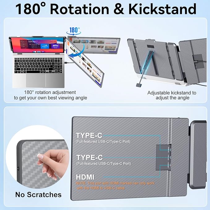 KEFEYA Laptop Screen Extender 2K, 2160x1440 QHD Laptop Monitor Extender Dual Screen, 14” Portable Monitor for Laptops 13-17" with USB-C/HDMI Port, Plug n Play for Windows/Mac/Android/Switch/PS5