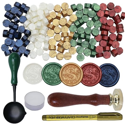 Initial Alphabet Wax Seal Stamp Kit, Retro Letter S Sealing Stamp with 150Pcs Sealing Wax Beads Spoon Pen Set for Wedding Invitations Cards Envelopes (S)