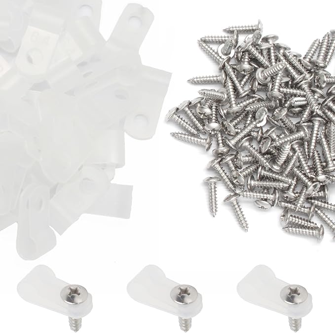 50 Pcs 1/4 Inch White Nylon Cable Clip Wire Clamp, R-type | 6.4mm, Screw Mounting, Wire Management, Stainless Steel Screws Included