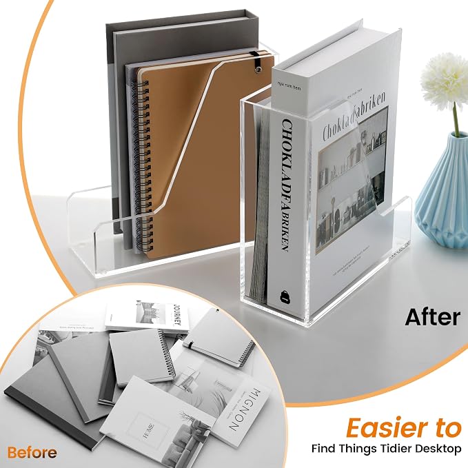 HeZone Acrylic Magazine Rack File Holder Desk Organizers and Storage 2-Pack Small Clear Acrylic Vertical Magazine Holder Book Stand for Office Desk