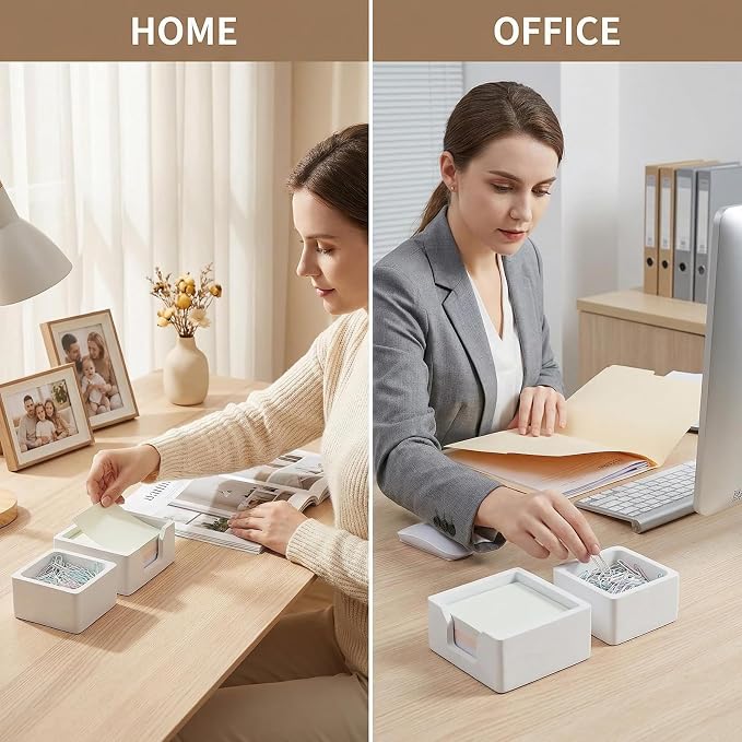 Concrete Desk Organizer Set of 2 - Minimalist Sticky Note Holder & Paper Clip Dispenser - Heavy Duty Office Desk Accessories with Non-Slip Base for Home Workspace Organizer & Desk Decor, White