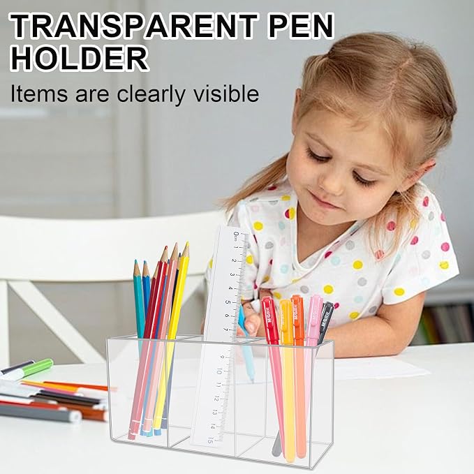Acrylic Pen Holder,3 Compartments Pencil Cup Stationery Organizer,DIY Pen Holder for Desk,Makeup Brush Holder for Home, Office, Classroom, Bathroom