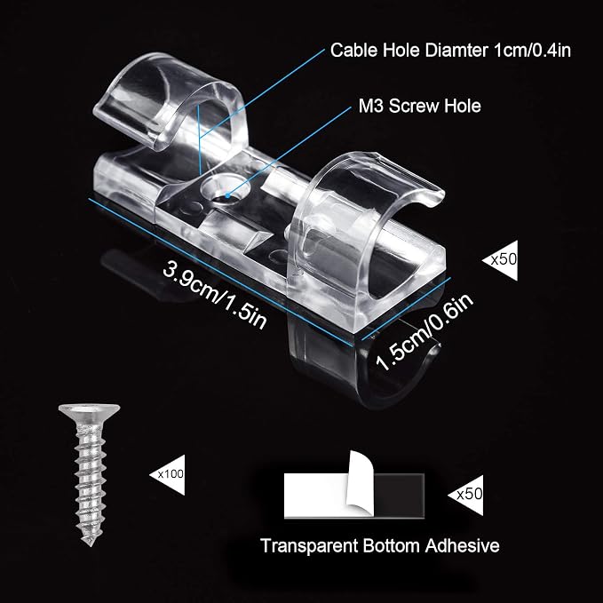 50 Cable Clips, Clear Cord Organizer, Cable Management Desk Wall | Self-Adhesive with 100 Screws for Damage-Free Mounting on Wood Glass Metal and Painted Surfaces