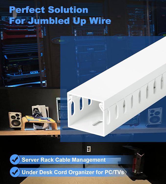 1.4"H x 1.6"W Cable Raceway, 99in Under Desk Wire Management Channel, White | Slotted Wire Duct, 6Pack, 16.5in Each, Heavy-Duty PVC Cable Management for Server Racks, Network Cables & Electrical Cabinets