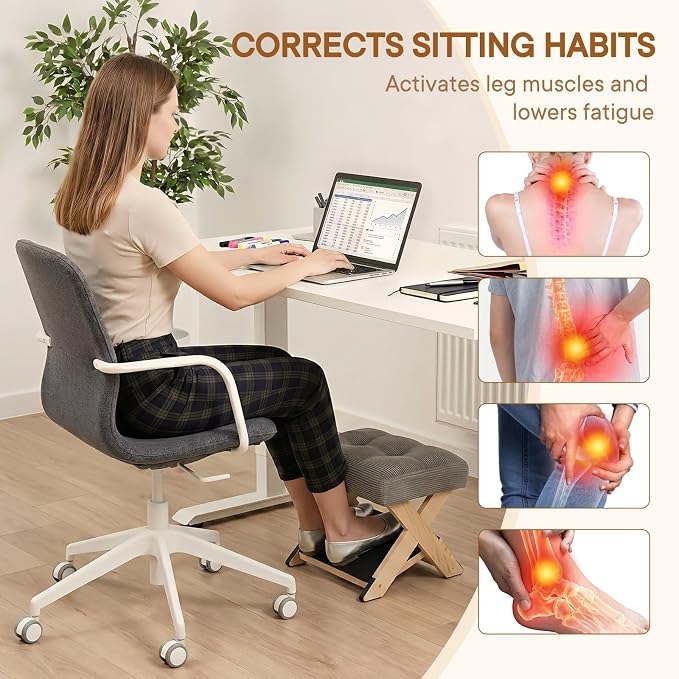 Foot Rest Under Desk 3-Level Adjustable Under Desk Footrest w/Non-Slip EVA & Floor Pads Ergonomic Wooden Foot Stool for Posture & Leg Relief - Ideal for Office Workers Gamers Home Use