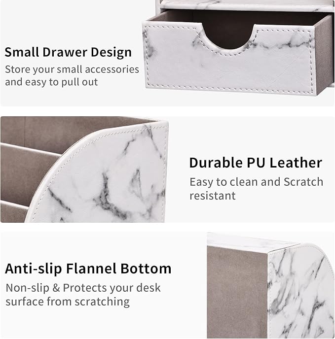 Pu Leather Desk Organizer Pen Pencil Holder Office Supplies Caddy Storage Box 6 Compartments with Drawer Gray Marble