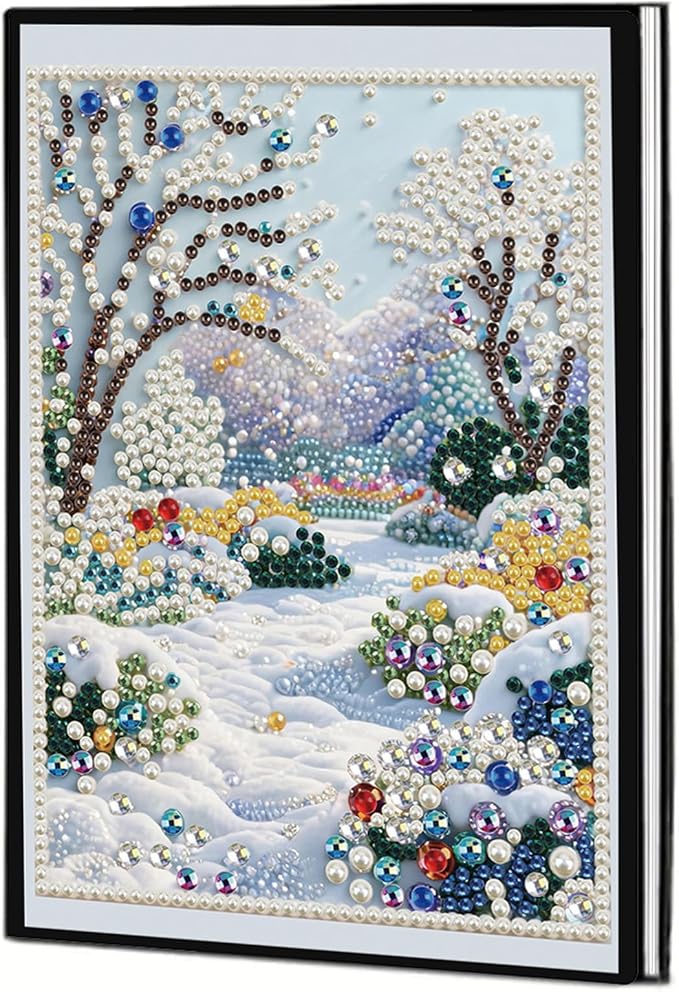 FRANDEK Pearl Painting Notebook Kit, Winter Forest A5 DIY Journal with 50 Blank Pages, Diamond Gem Art Cover with Waterproof Canvas, Beginner Craft Set with Full Tools for Adults